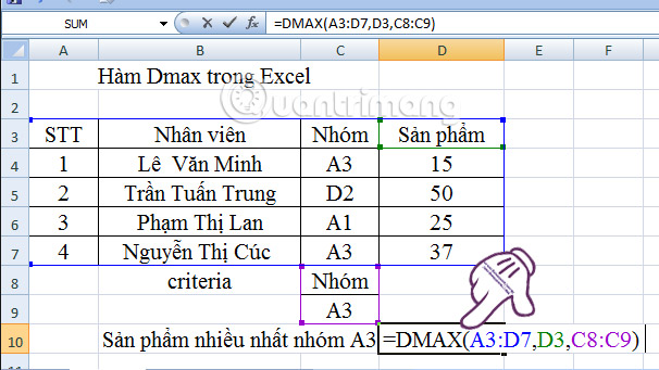 hàm Dmax trong Excel