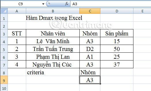hàm Dmax trong Excel