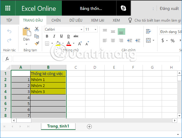 Nội dung file Excel trên Excel Online