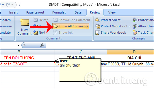 Ẩn ghi chú trên Excel