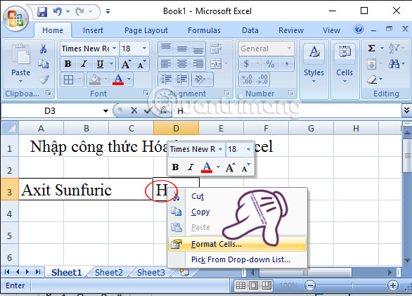 nhập công thức hóa học trong Excel