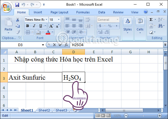 nhập công thức hóa học trong Excel