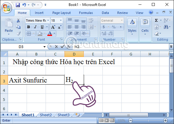 nhập công thức hóa học trong Excel