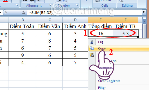 sao chép công thức trong Excel