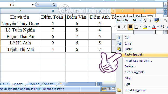 sao chép công thức trong Excel
