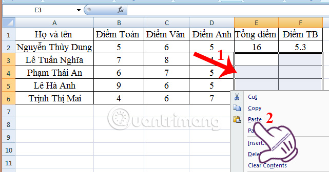sao chép công thức trong Excel