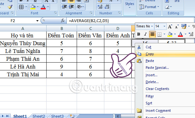 sao chép công thức trong Excel