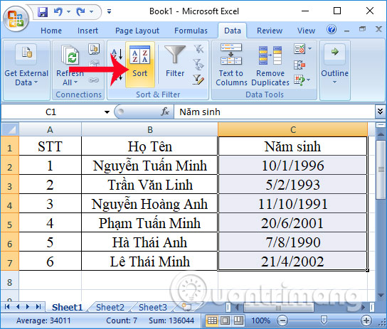 Tính năng Sort Excel