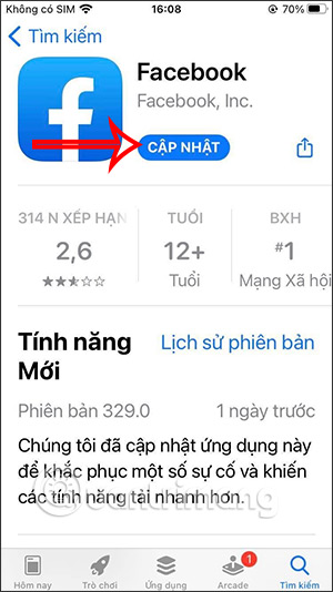 Nhấn cập nhật Facebook