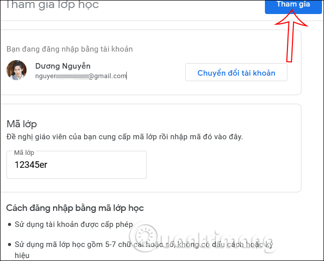 Nhập thông tin lớp học 