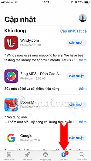 Chọn ứng dụng cập nhật