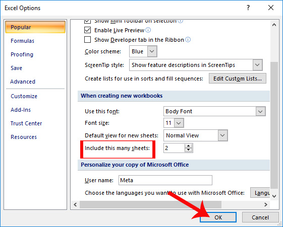 Thay đổi số bảng tính trên Excel