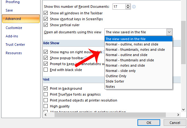 Tùy chỉnh chế độ khi mở file Power Point