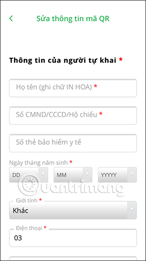 Điền thông tin cá nhân trên PC-Covid