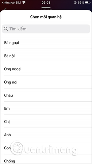 Chọn đối tượng người thân