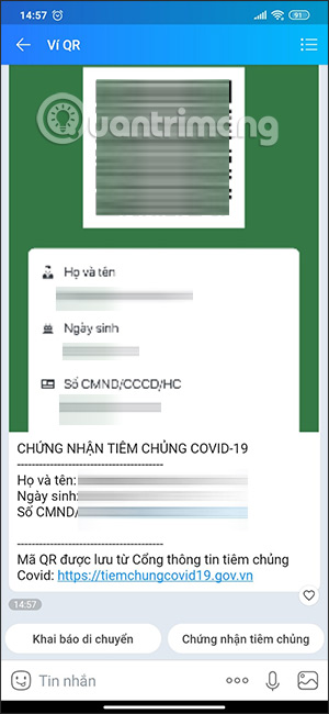 Lưu mã QR tiêm vắc xin vào Zalo