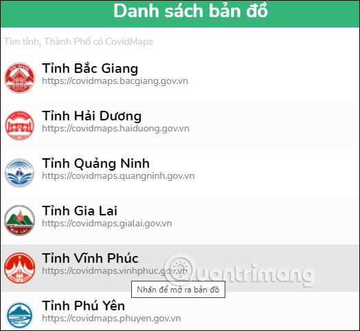 Danh sách các tỉnh thành