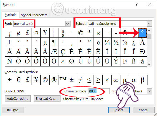 Chèn độ C trong Word, Excel?