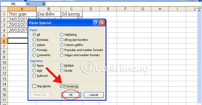 Hoán chuyển dòng thành cột trong Excel
