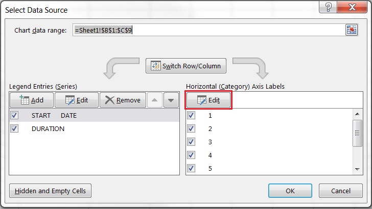 Nhấp vào Edit ở dưới Horizontal (Category) Axis Labels.
