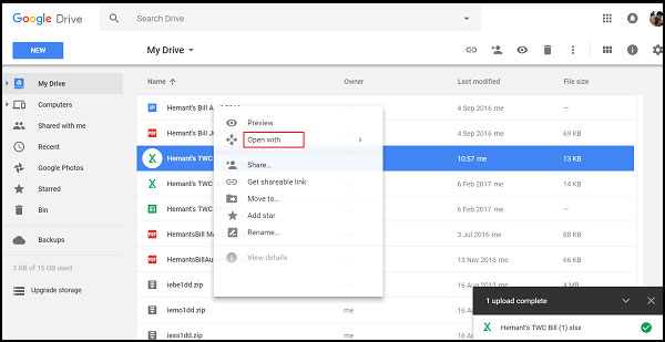 Mở tập tin Excel bằng Google Sheets