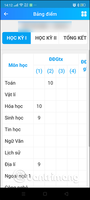 Bảng điểm học sinh