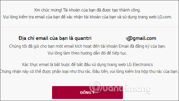 Thông báo xác nhận email đăng ký LG