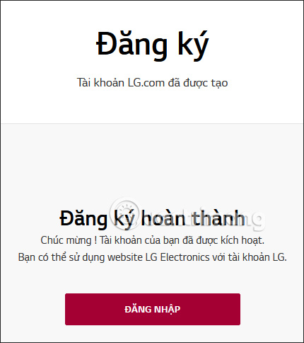 Kích hoạt email đăng ký LG thành công