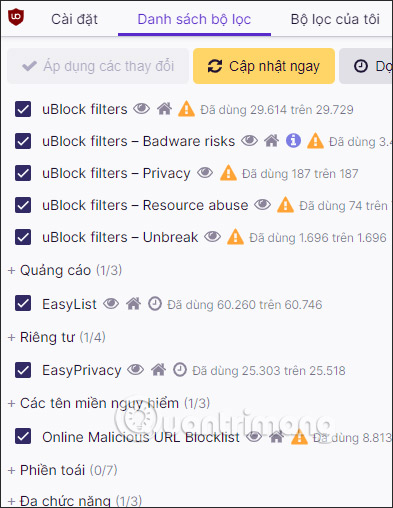Thay đổi tiện ích uBlock Origin