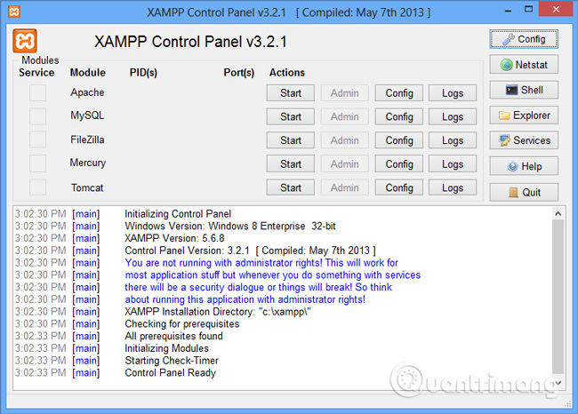 giao diện chính XAMPP