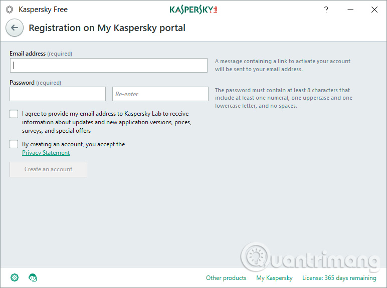 Tạo tài khoản sử dụng Kaspersky Free