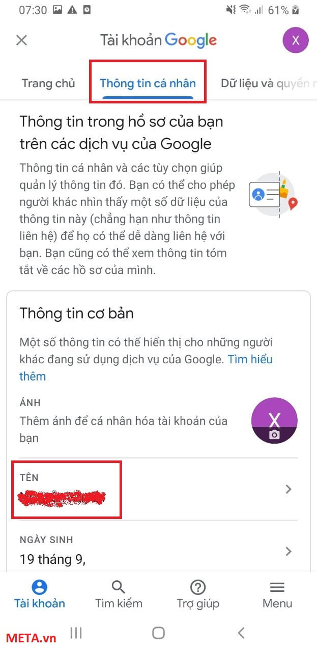 Vào mục thông tin cá nhân