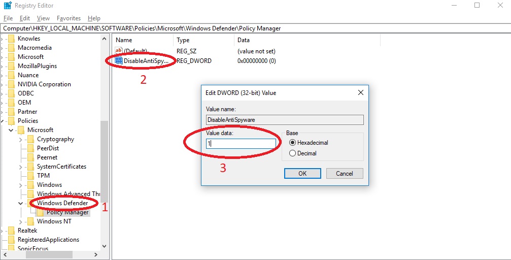 Cách tắt phầm mềm diệt virus Win 10 bằng Registry Editor