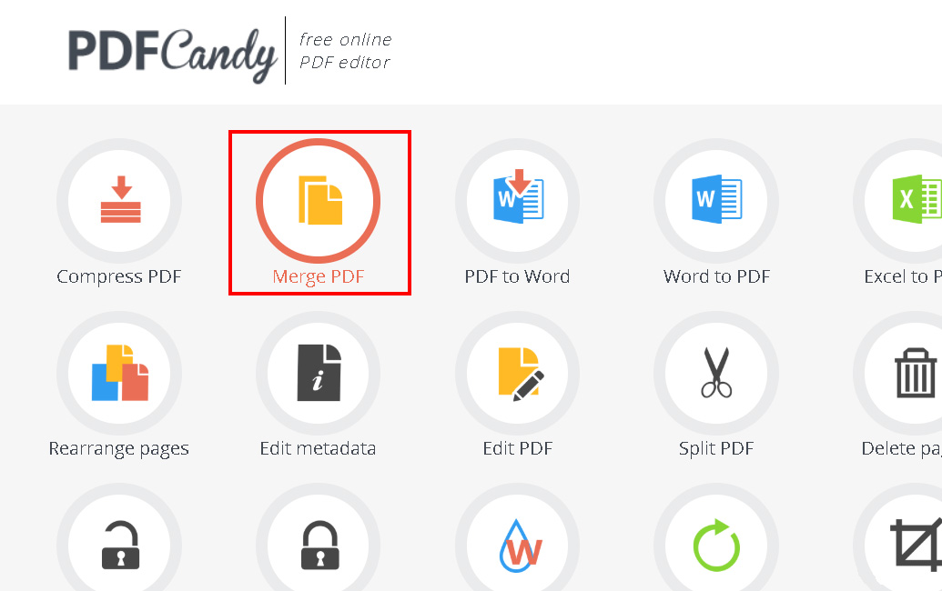 Truy cập vào website Pdfcandy.com -> nhấn chọn Merge PDF